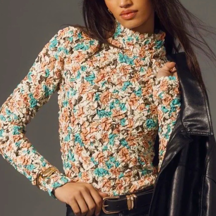 Anthropologie Mock Neck Quilted Floral Print Top